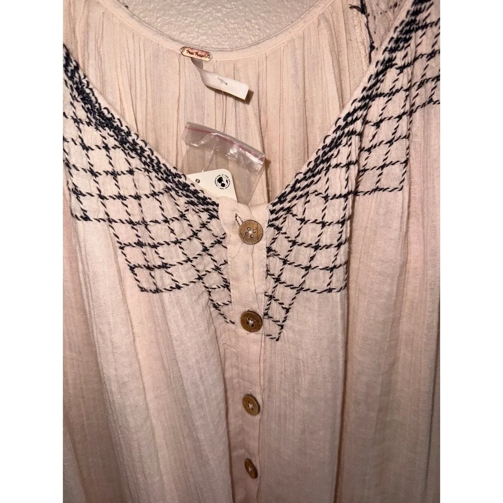 Free People NWT Ivory Boho Pheasant Dress w/ Navy Embroidery Oversized Small